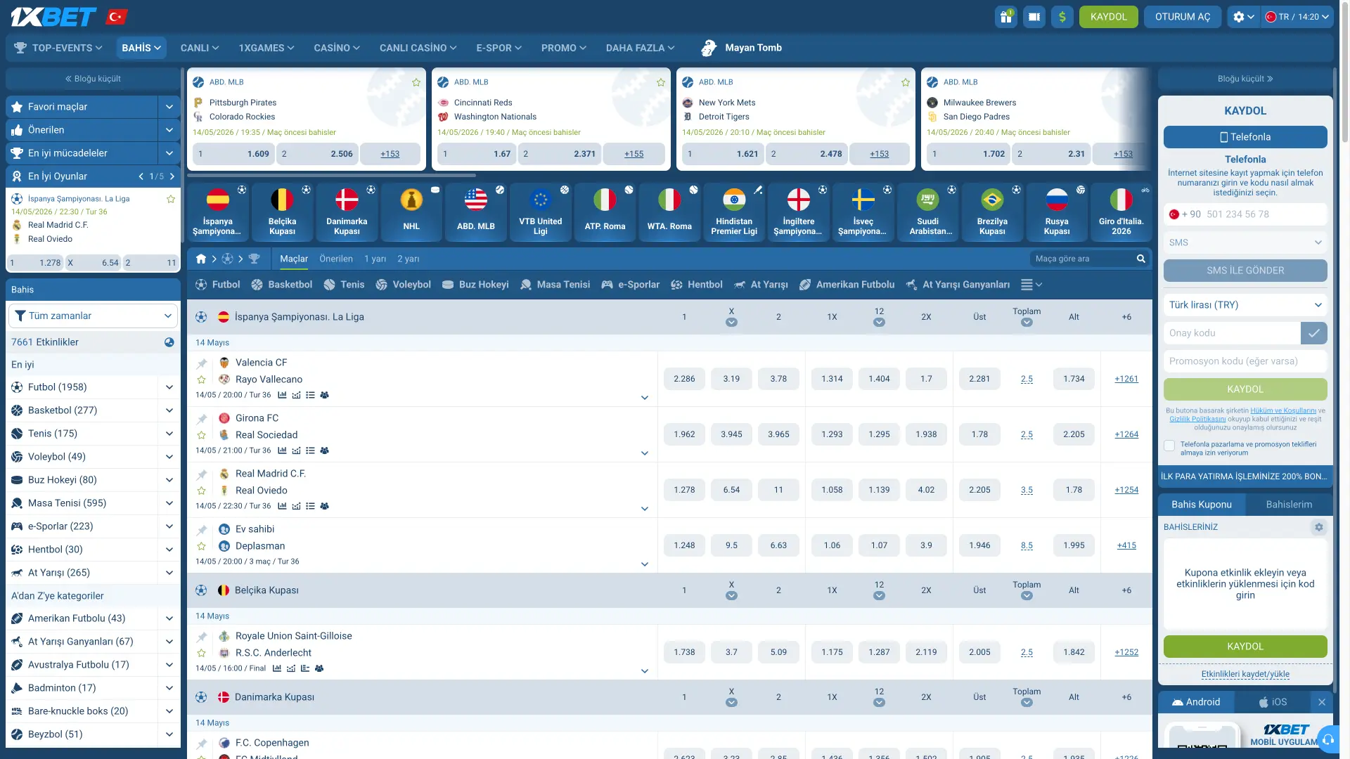 1xBet spor bahisleri sayfasına gir, yüksek oranları gör.