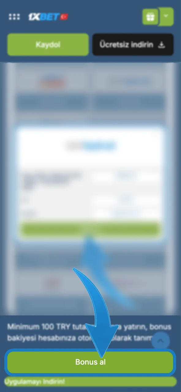 1xBet bonus al butonuna tıkla, kayıt sayfasına hemen git.