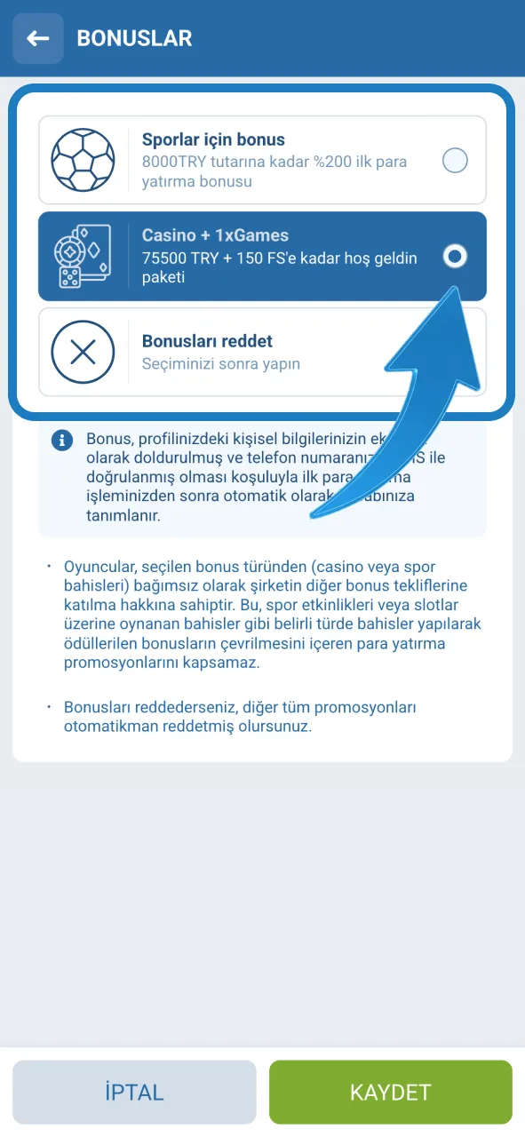 1xBet hoş geldin paketini seç, casino veya spor bonusunu al.