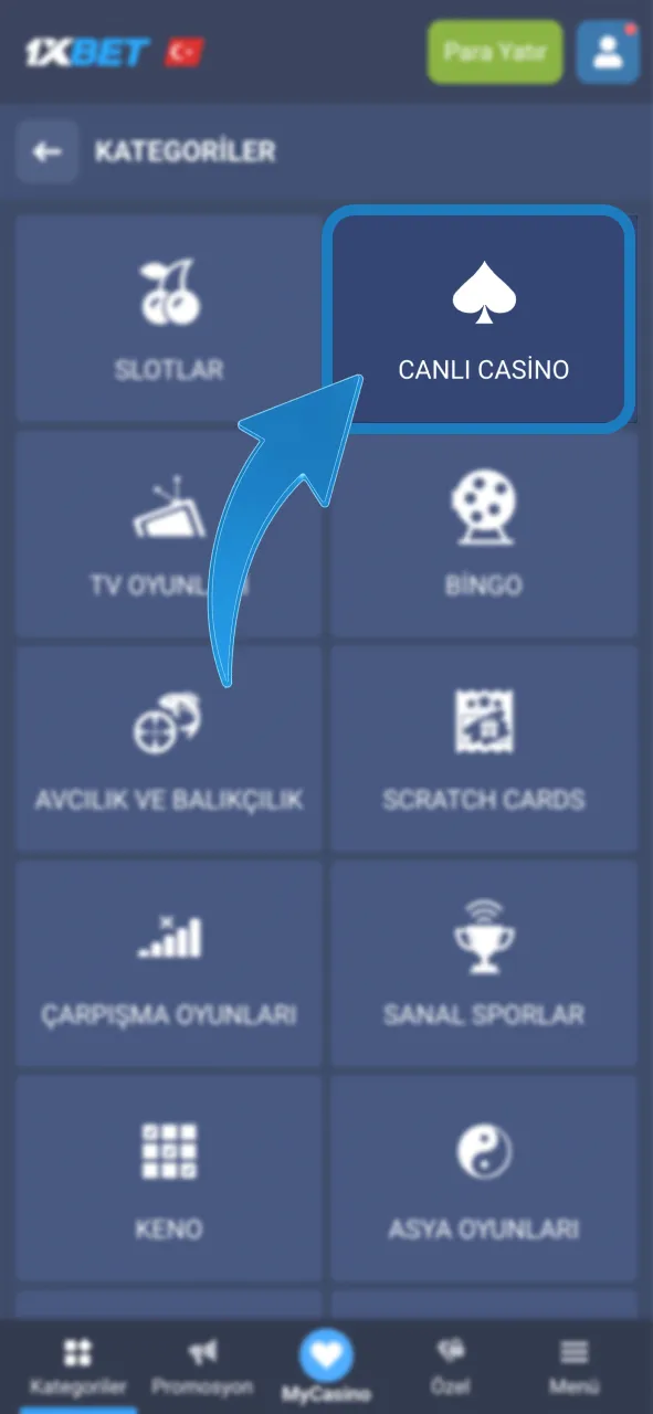 1xBet ana menüsünden canlı casino bölümüne hemen giriş yap.