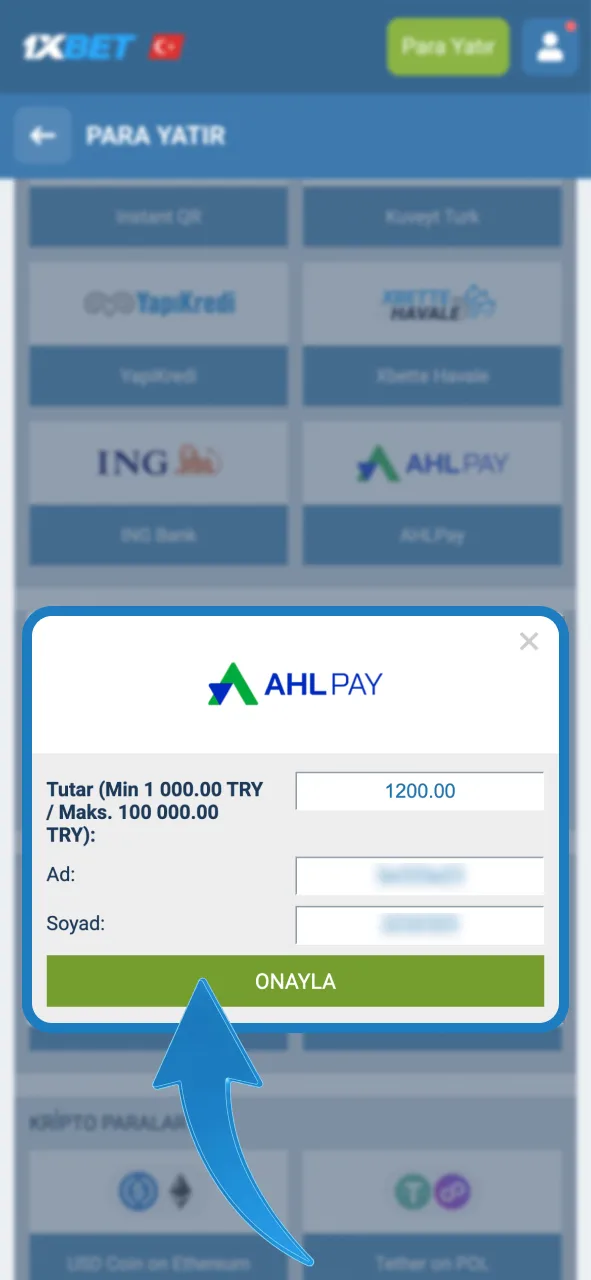 1xBet platformunda uygun ödeme yöntemlerini seç, işlemini onayla.