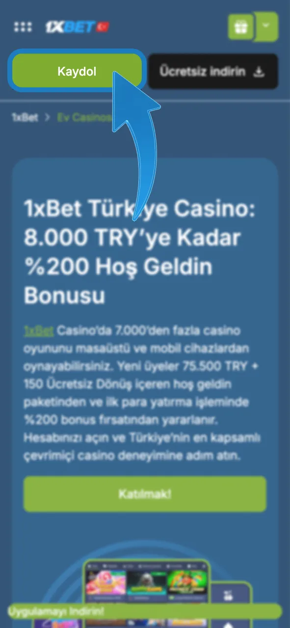 1xBet kayıt ol butonuna tıkla, hesap oluşturma formunu aç.