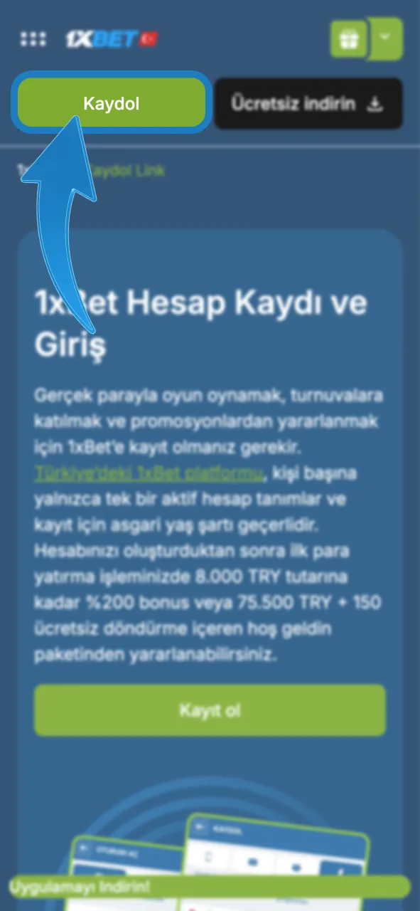 1xBet kayıt ol butonuna tıkla, üyelik formunu hemen aç.