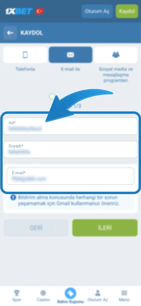 1xBet platformunda iletişim bilgilerini eksiksiz doldurarak ilerle.