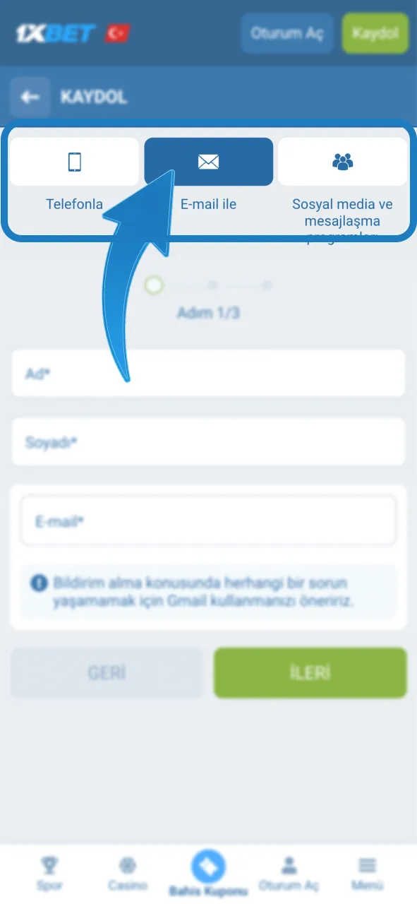 1xBet platformunda telefon veya e-posta ile güvenli üyelik oluştur.