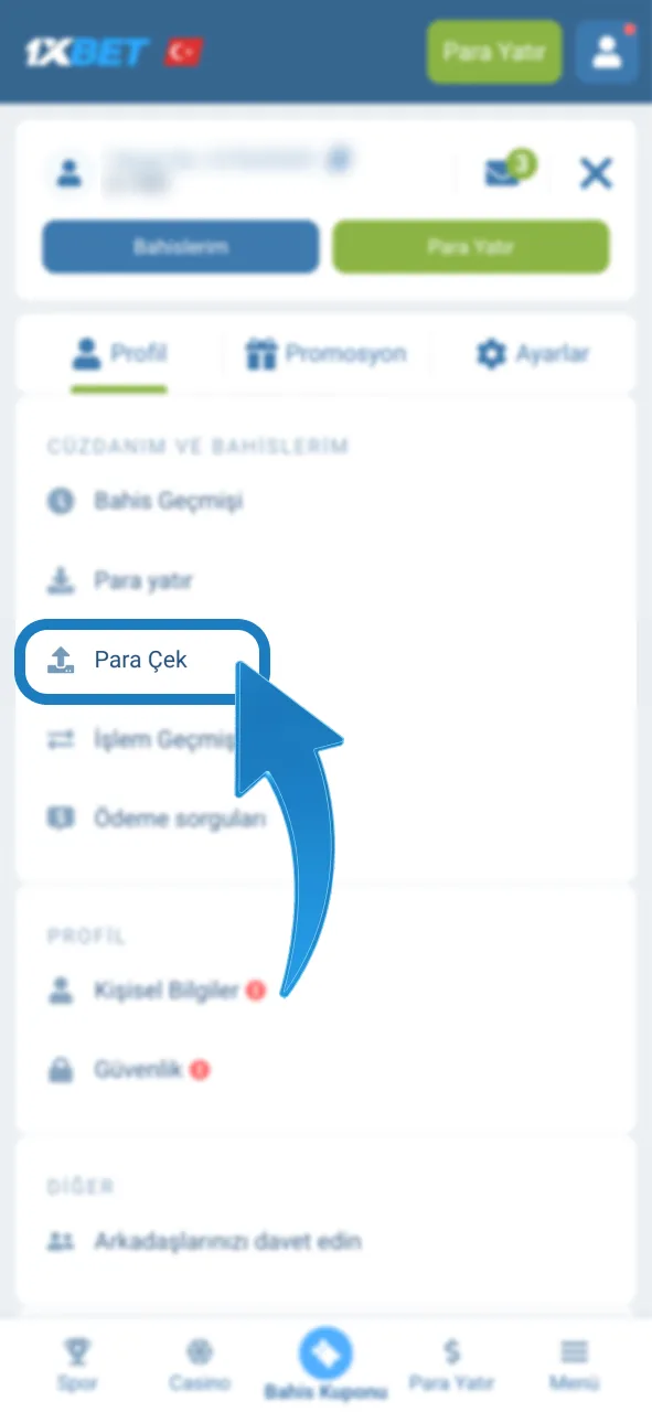 1xBet profil menüsünden para çek seçeneğine hemen tıkla.