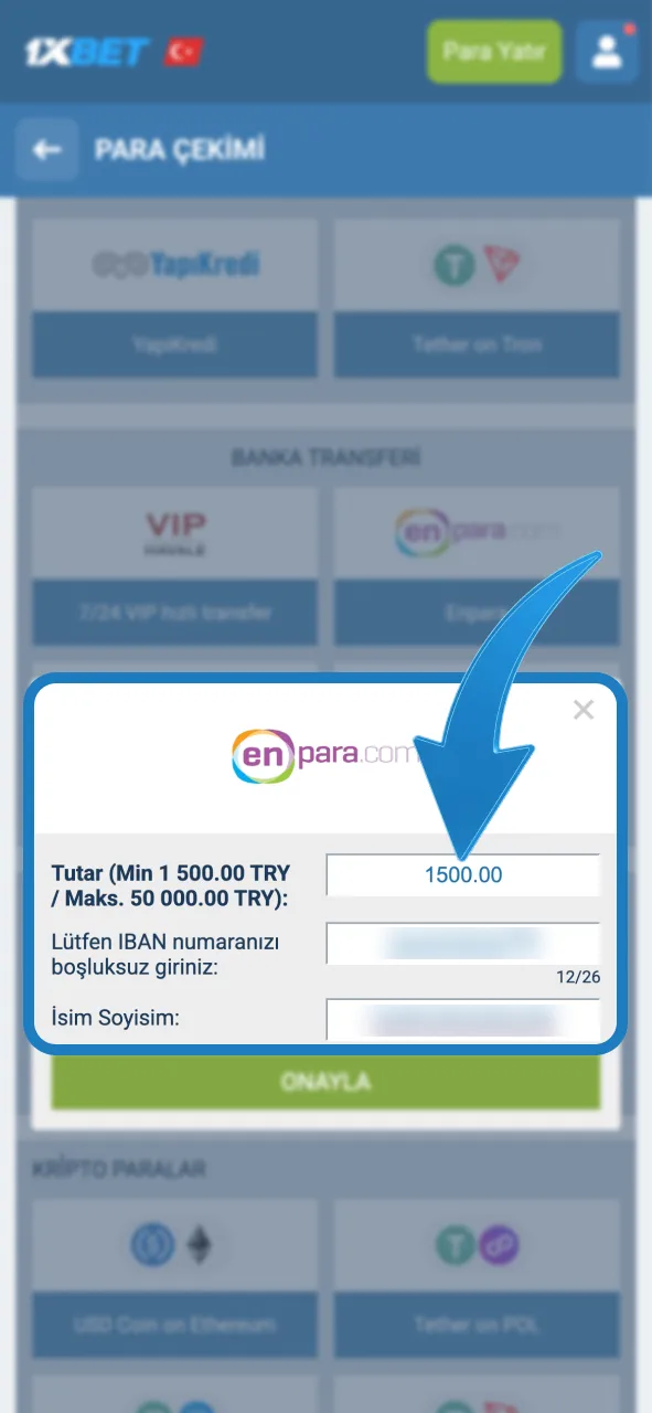 1xBet çekim formunda çekmek istediğin tutarı ve hesap bilgilerini gir.