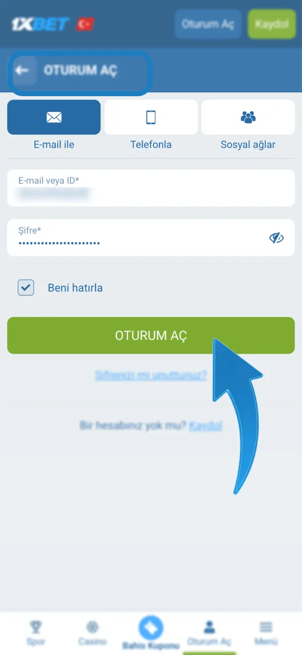1xBet hesabına giriş yapmak veya yeni üyelik açmak için butona tıkla.