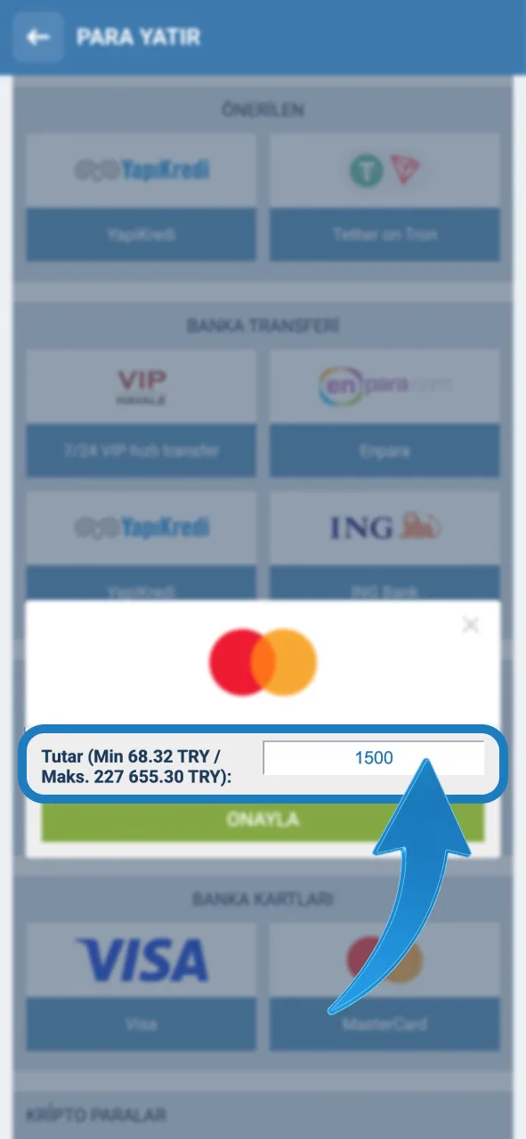 1xBet ödeme sayfasında yatırmak istediğin miktarı gir ve onayla.